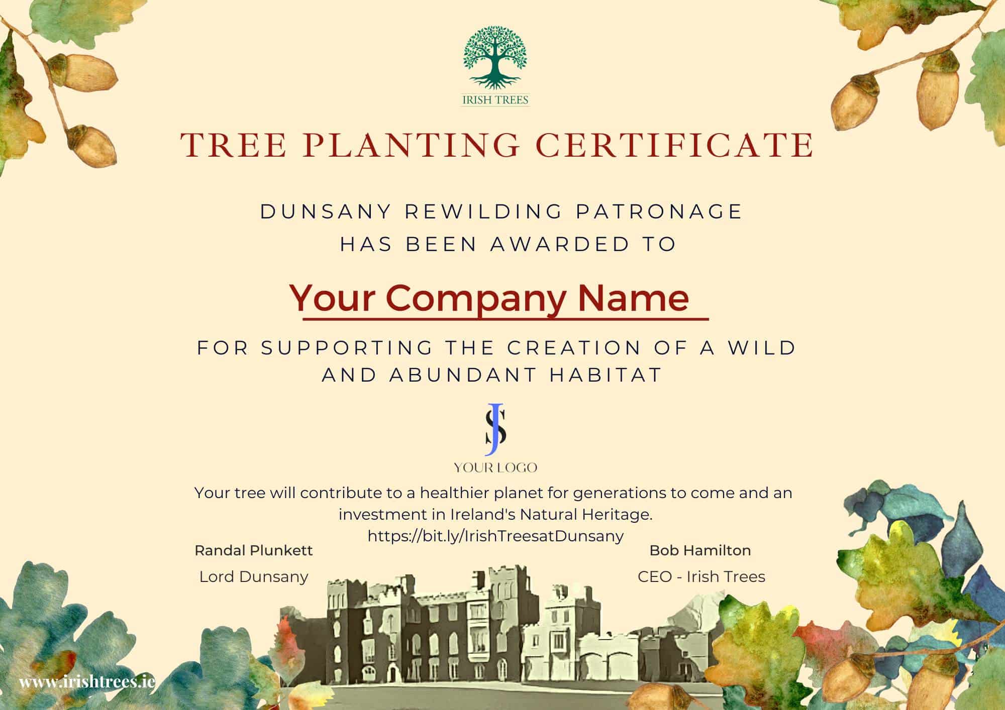 Sample Tree Planting Patronage Certificate surrounded by leaves and with a castle at the base