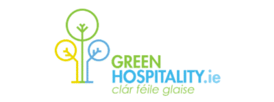 Green Hospitality Logo green and blue text and ditital design trees
