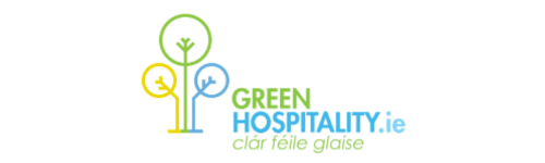 Green Hospitality Logo green and blue text and ditital design trees