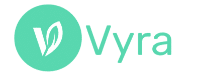 Vyra Logo the v is a leaf and the text is green on white background