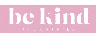 Be Kind Industries logo white font on pink background