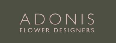 Adonis Flower Designers - Dublin - logo in capital pink letters on dark green background