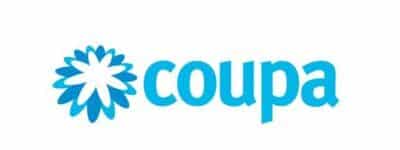 COUPA LOGO IN BLIE ON WHITE BACKGROUND WITH BLUE BLOOMING FLOWER