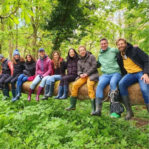 cross functional team of people sit on fallen tree in woods of Dunsany